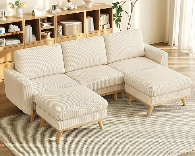 Vesgantti 97" Modular Sectional Sofa Beige, U-Shaped Couch with Movable Ottoman, Comfy Corduroy Couch with Spring Cushion, Modular Sofa with Deep Seat for Living Room, Bedroom and Apartment