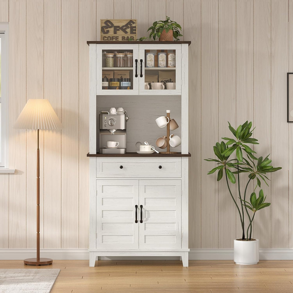 Multi-Functional Hutch – Elegant 72" White Pantry Coffee Bar Cabinet for...