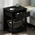 Treocho Black End Table Set of 2,Nightstand with Charging Station, X-Design Side Table with 2 AC and USB Power Outlets, Small Night Stand with Storage Drawer and Open Shelf for Living Room