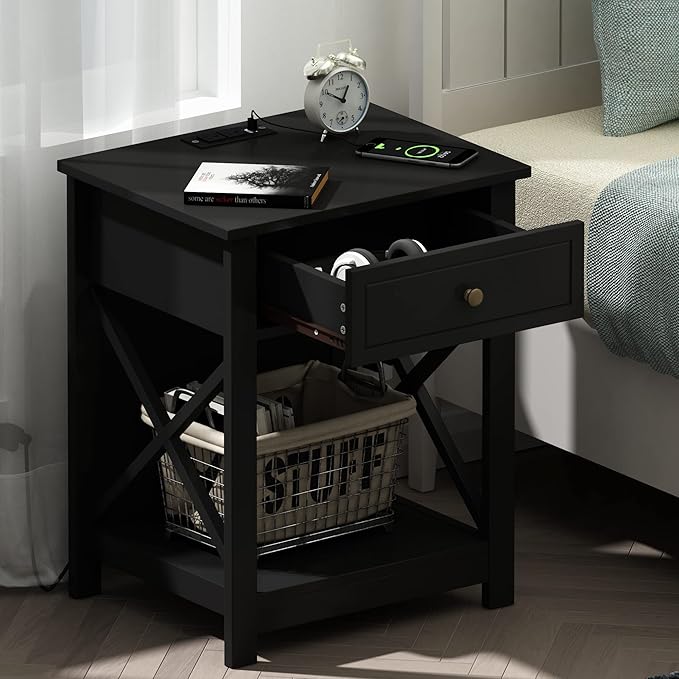 Treocho Black End Table Set of 2,Nightstand with Charging Station, X-Design Side Table with 2 AC and USB Power Outlets, Small Night Stand with Storage Drawer and Open Shelf for Living Room