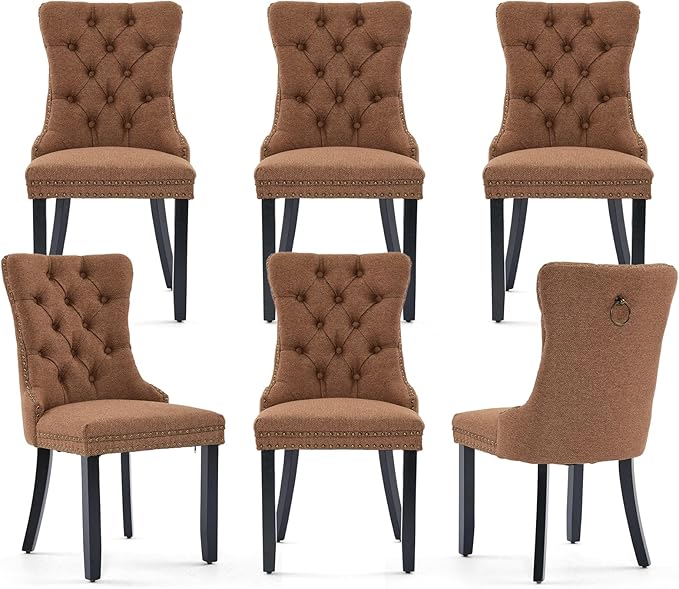 Linen Upholstered Dining Chairs Set of 6, Modern Style Kitchen Side Chairs with Nailhead Trim and Wood Leg, Metal Pulling Ring for Dining Room Living Room(Coffee,Set of 6)