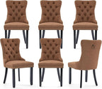 Linen Upholstered Dining Chairs Set of 6, Modern Style Kitchen Side Chairs with Nailhead Trim and Wood Leg, Metal Pulling Ring for Dining Room Living Room(Coffee,Set of 6)