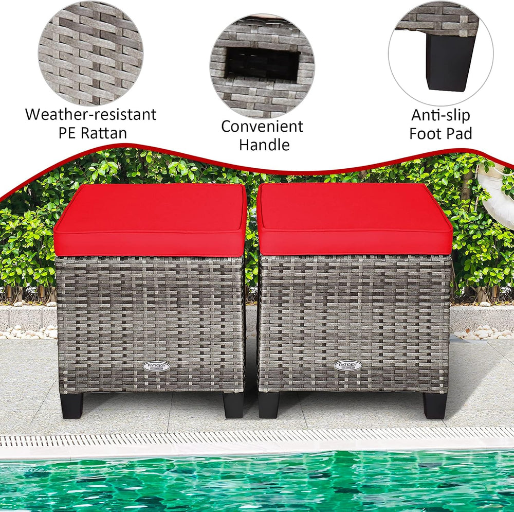 RELAX4LIFE 2-Piece Patio Rattan Ottomans - Outdoor Wicker Furniture w/ 2 Foot...