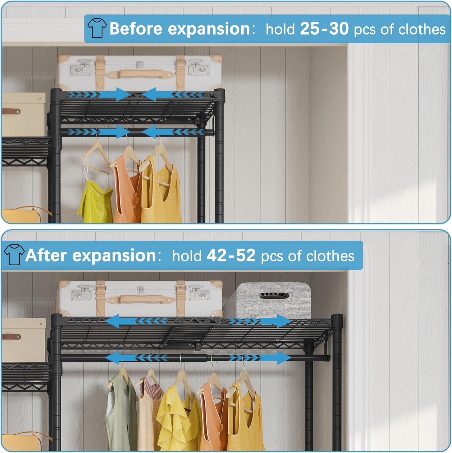 VIPEK X20 Expandable Metal Clothing Rack Adjustable from 3'3" to 4'8" Heavy Duty Garment Racks with Adjustable Shelves and Hanger Rods Portable Wardrobe Open Closet Rack System, Black