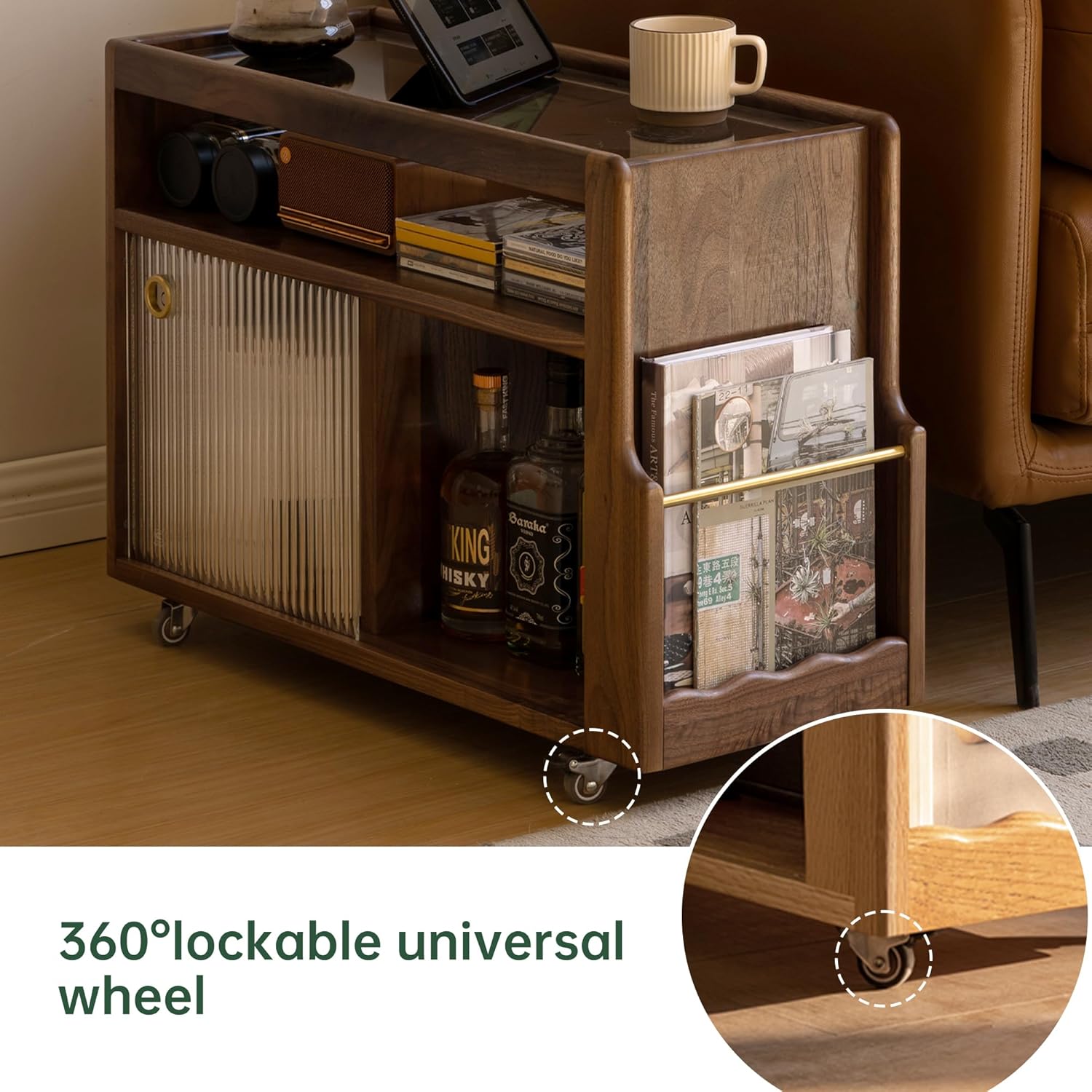 Solid Wood Narrow Side Table with Storage, End Table with Magazine Rack & Glass Door Cabinet, Small Couch Side Table for Living Room, Slim Nightstand for Bedroom, No Assembly