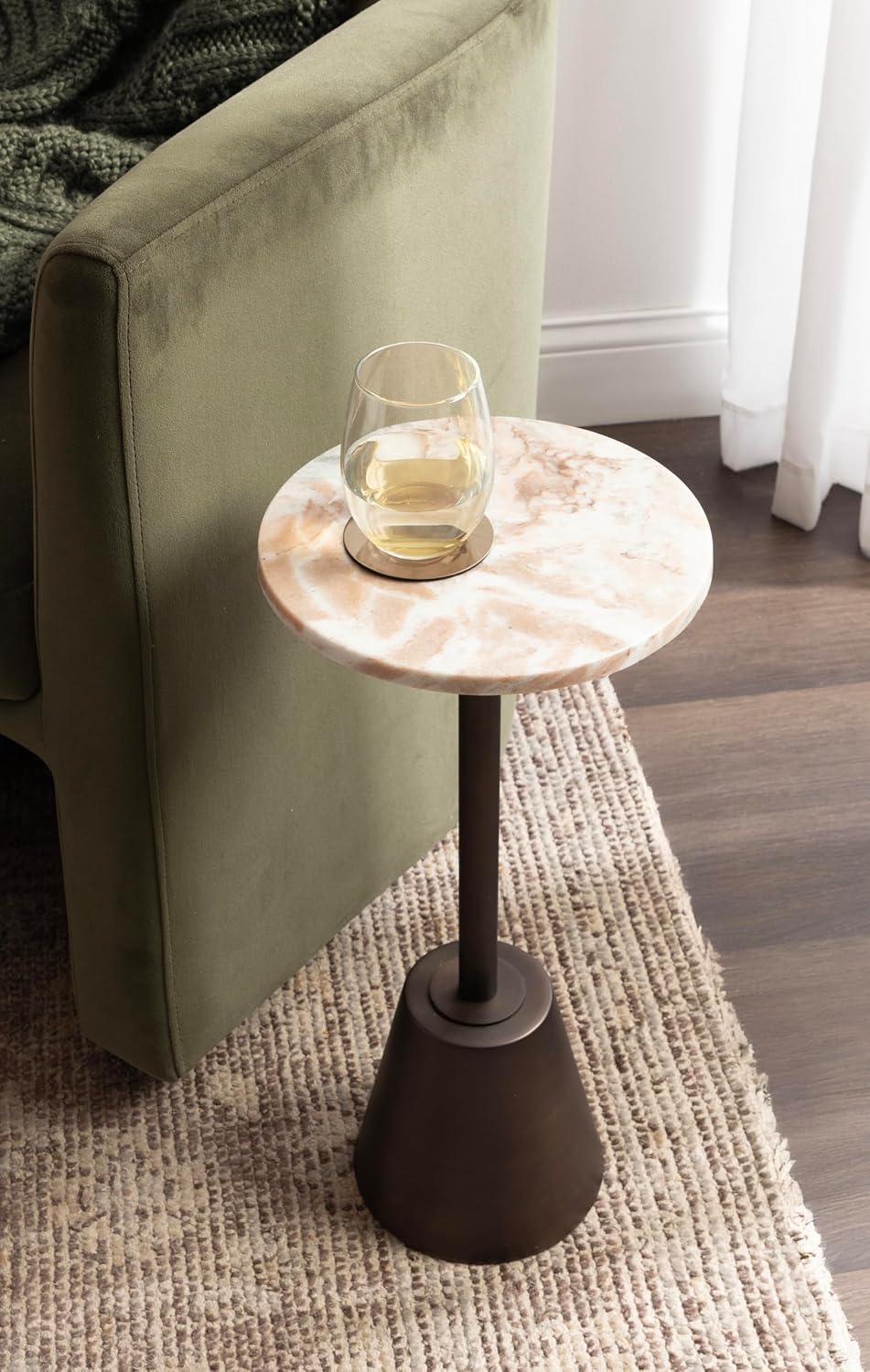 Kate and Laurel Tira Elegant Round Drink Table, 10 x 10 x 22, Brown Marble an...