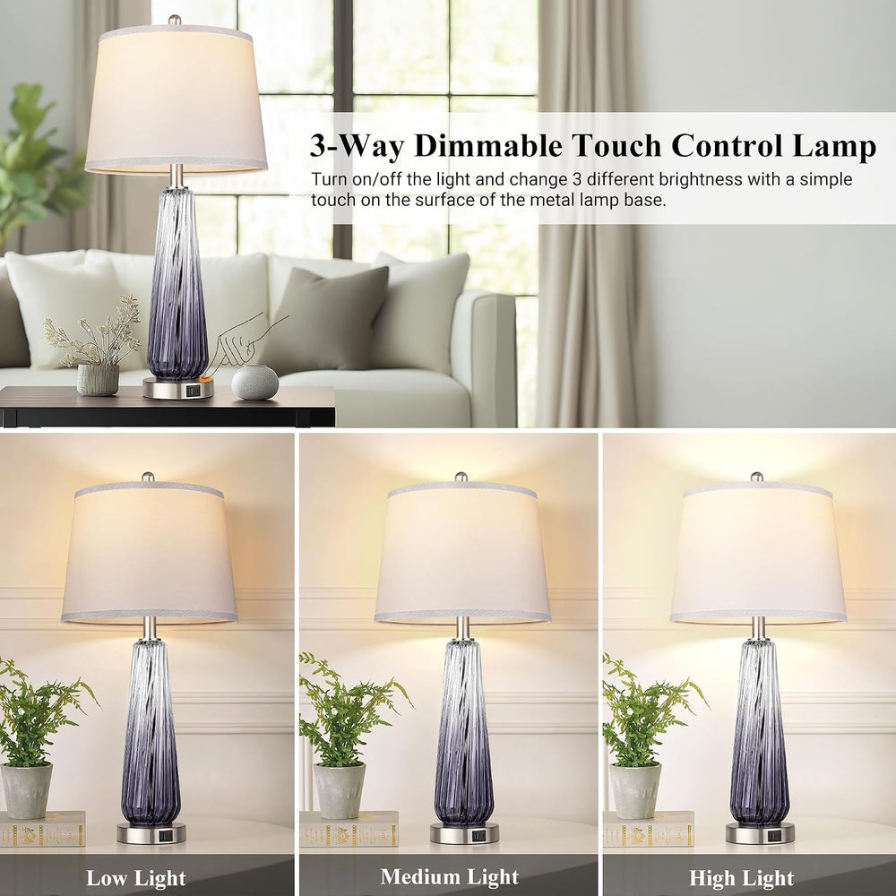 Glass Table Lamps Set of 2, Modern Bedside Lamps for Bedrooms with USB A+C Po...