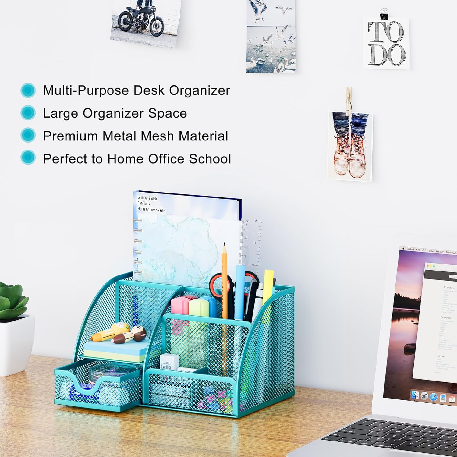 EasyPAG Mesh Desk Organizer with Drawer Multi-Functional Pen Holder Stationery Organizer for Office School Supplies 6 Compartments Dorm Organizers and Storage for Desk, Blue
