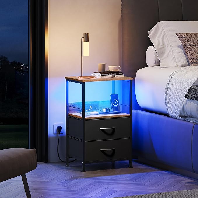 WLIVE Nightstand with Charging Station, LED Night Stand with 2 Fabric Drawers...
