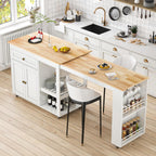 JassmiPkwy 78'' Rolling Kitchen Island with Extendable Dining Table for 4, Kitchen Islands on Wheels w/Pull Out Table, Drawer, 2-Tier Storage Shelf, Hooks, White