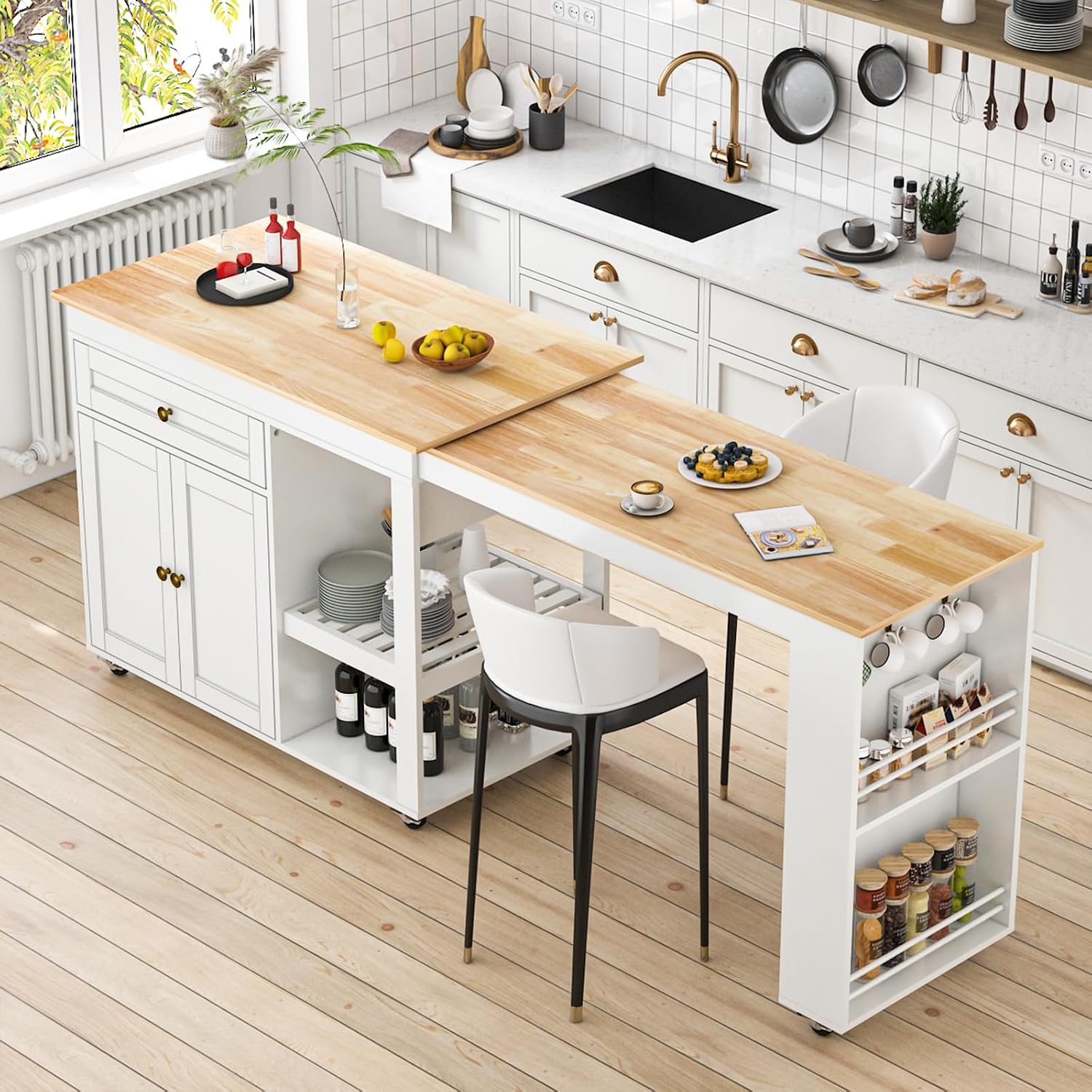JassmiPkwy 78'' Rolling Kitchen Island with Extendable Dining Table for 4, Kitchen Islands on Wheels w/Pull Out Table, Drawer, 2-Tier Storage Shelf, Hooks, White