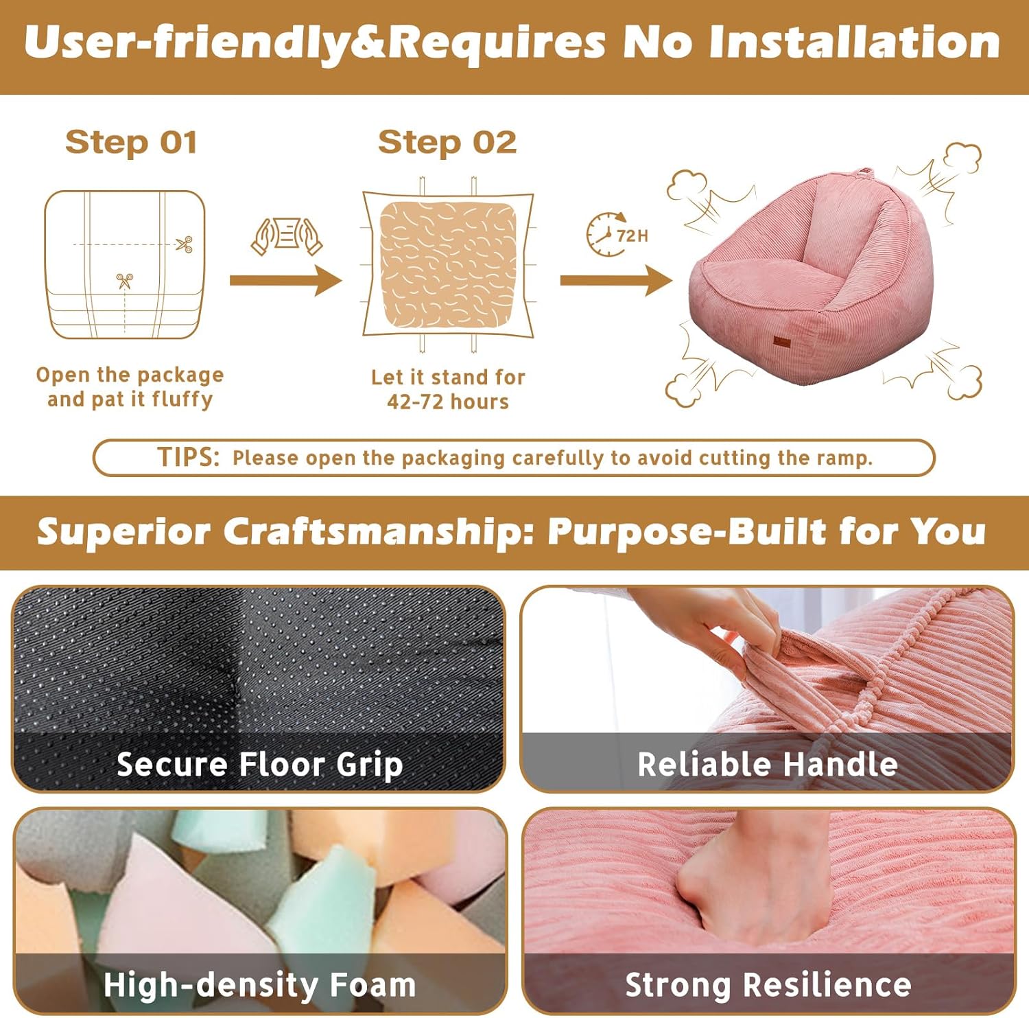 Bean Bag Chair, Cozy Fluffy Beanbag Chairs with Filler for Teens and Kids, Floor Lazy Sofa for Living Room Gaming & Reading (S-Rose)