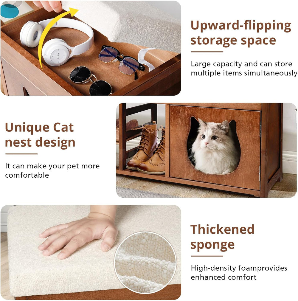Shoe Bench with Cat Cabinet and Hidden Drawer, 2 Tier Entryway Bench with Sto...