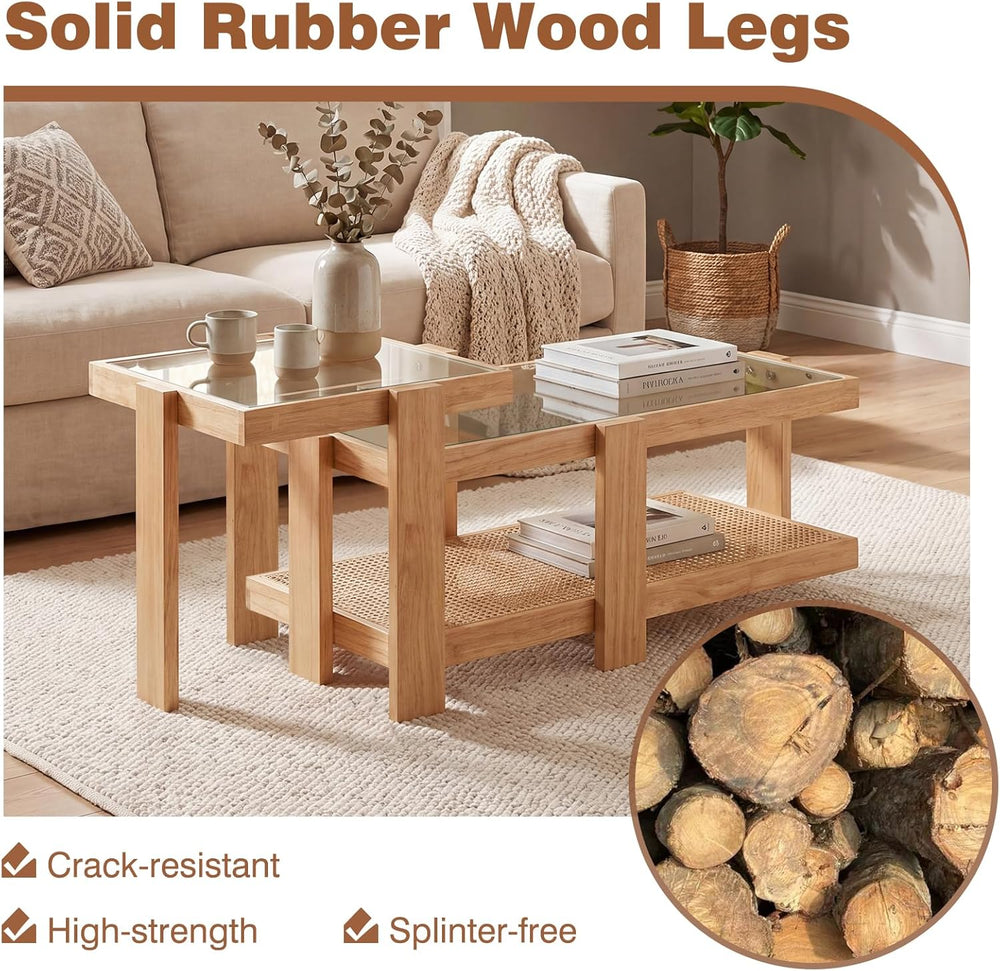 Giantex Nesting Coffee Table Set of 2, Boho Rattan Accent Table with Tempered...