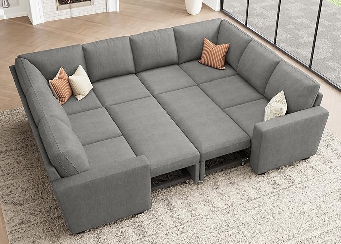 HONBAY Modular Sectional Couch with Pull Out Bed, Chenille Sleeper Sofa with Storage Seats, U Shaped Sectional Couches for Living Room, Warm Grey