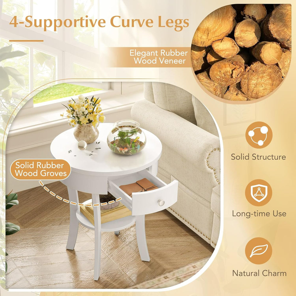 GOFLAME Round End Table with Drawer, 2-Tier Sofa Side Table with Solid Wood L...