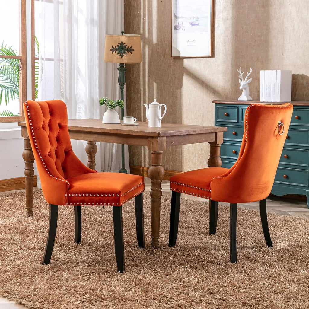 Extendable Dining Table Set for 8, 78.74" Expandable Dining Table with 8 Orange Upholstered Tufted Chairs, Large Wooden Expanding Kitchen Table and Chairs Set of 8, 9 Piece Extendable Dining Table Set