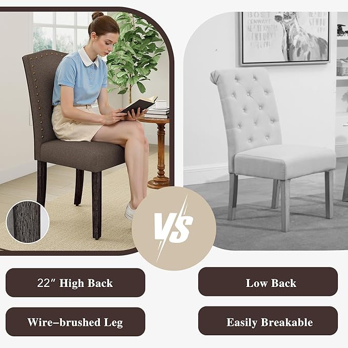 LSSBOUGHT Fabric Dining Chair Upholstered Parsons Kitchen Chair with Copper Nails and Solid Wood Legs for Dining Room,Restaurant (Taupe, 2PCS)