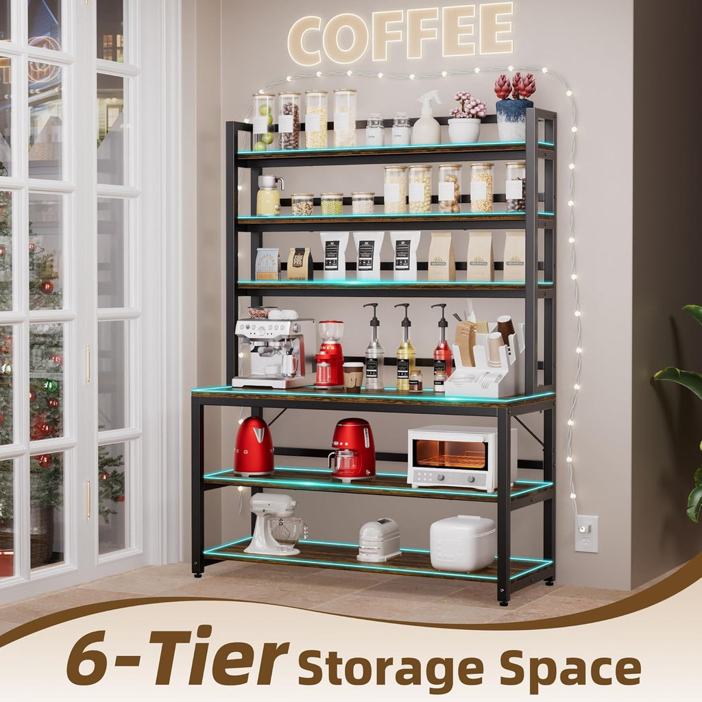 Bakers Racks for Kitchens with Storage, 6 Tiers Large(47.2“W x 15.7”D x 70.8" H) Kitchen Stand with Hutch, Freestanding Organizer with Shelves,Rustic Brown