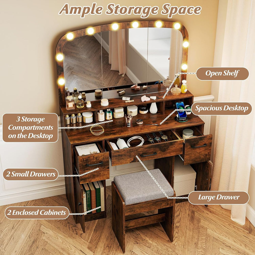 CHARMAID Large Vanity Desk with Arched Mirror and Lights, Vintage Makeup Vani...