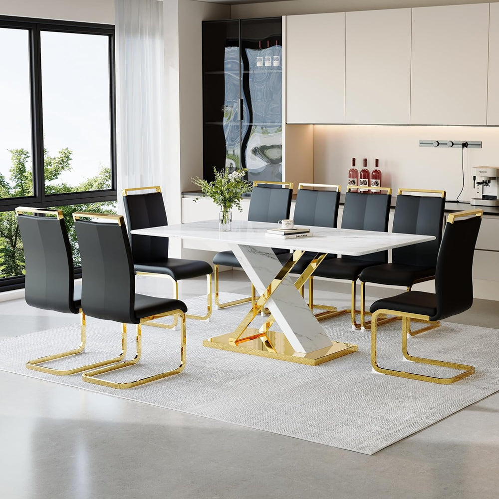 YUNDREAM Modern Marble Dining Table Set for 8,Black Gold 71'' Dining ...