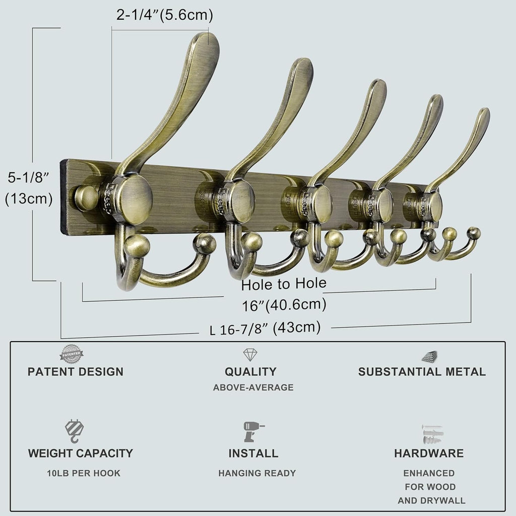 Dseap Coat Rack Wall Mount 2.0 Pro: Heavy Duty 300% Thicker, 16" Stud Mount, Stainless Steel Wall Coat Hooks Hanger for Clothes Jackets Hats Entryway Closet, MaxStrong, Antique Bronze, Pack of 2