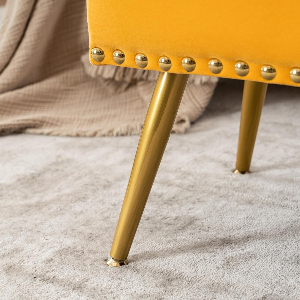40" Mustard Yellow Velvet Storage Bench with Gold Legs Nailhead Trim | T...