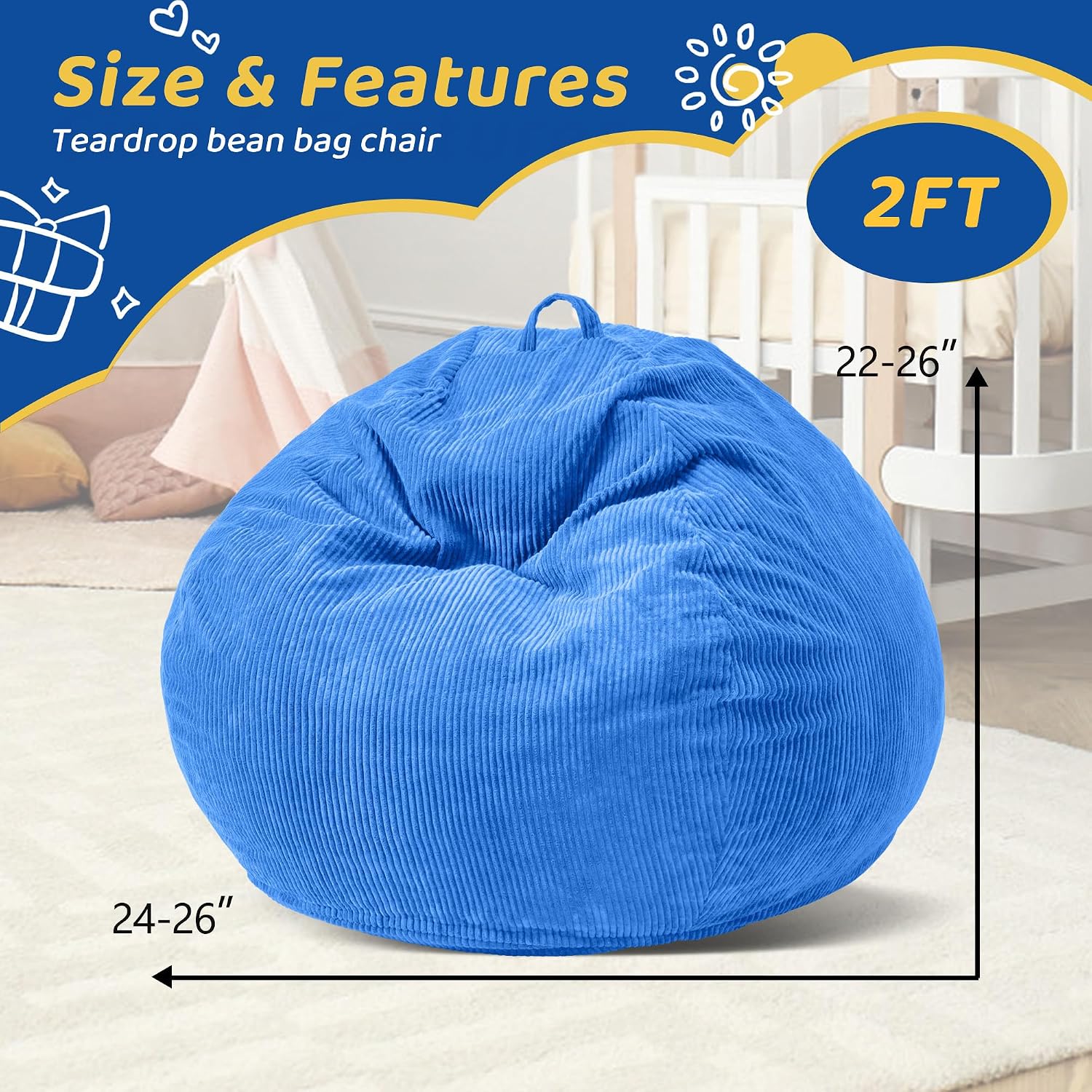 2FT Bean Bag Chair: 2' Bean Bags with Memory Foam Filled,Comfy Beanbag Chairs Teardrop Bean Bag Sofa with Corduroy Cover