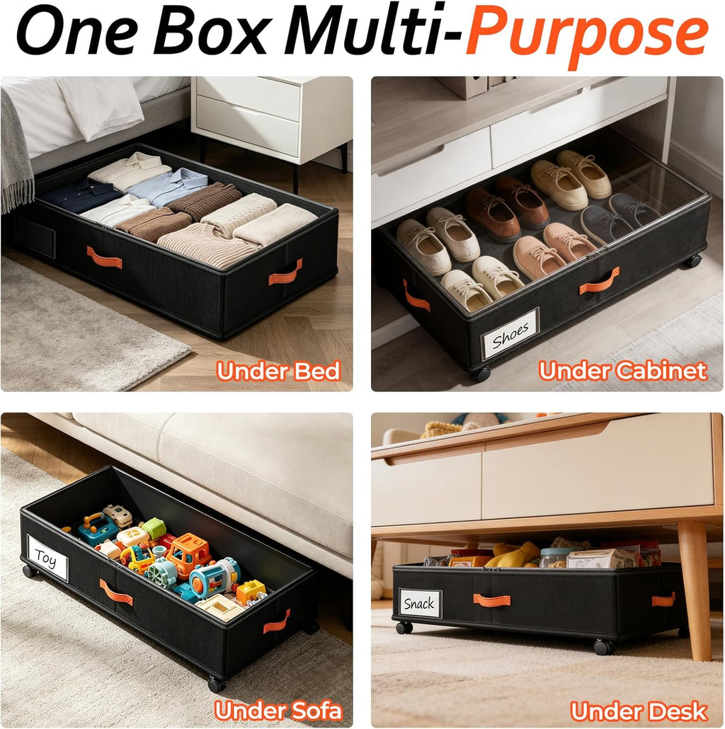 Under Bed Storage with Wheels 2-Pack, Under Bed Storage Containers 66L Clear Lids, Rolling Storage Drawers for Clothes Shoes Blankets, Underbed Organizer Bins(30" L x 16.2" W x 7.5" H)