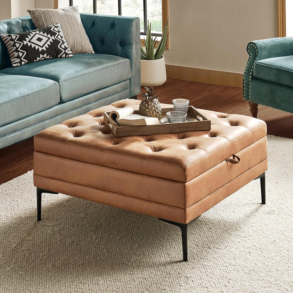 HULALA HOME Tufted Faux Leather Coffee Table, Camel | 36.5" Square Stora...