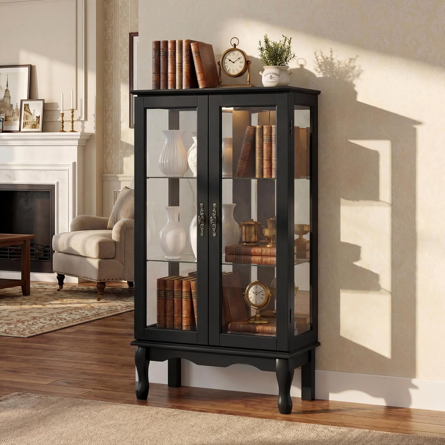 Vintage Lighted Curio Cabinet with Glass Doors & Shelves, Mirrored Back | 3-Side Tempered Glass, Adjustable Shelves, Mirrored Back Panel, Built-in Lighting, Vintage Display Case, Home Office, White
