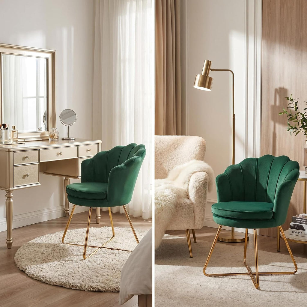 Furnimart Vanity Chair with Back, Shell Accent Chair for Living Room, Criss Cross Chair with Gold Legs, Makeup Chair for Bedroom Desk Chair no Wheels, Velvet Green