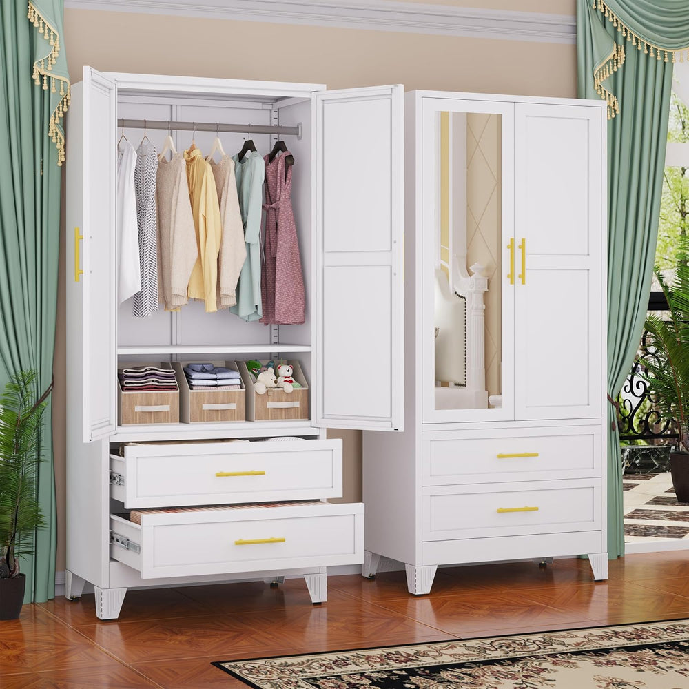 GAIOUS Steel Armoire Wardrobe Closet with Mirror and 2 Drawers 71" White...