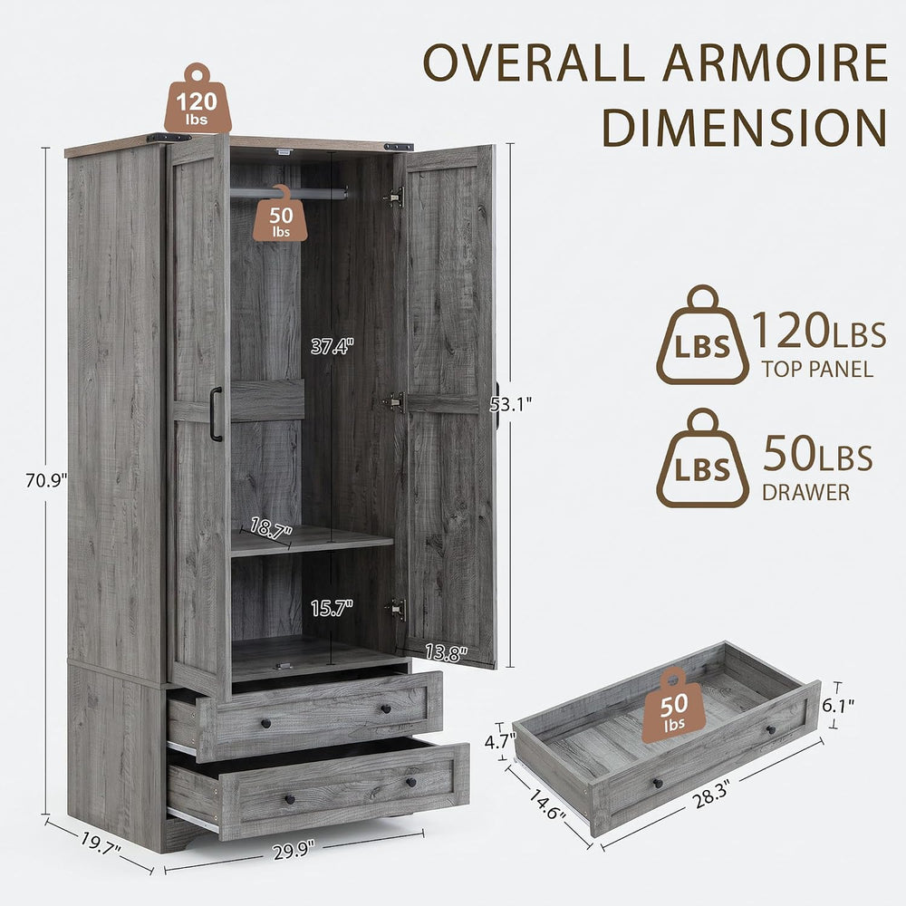 Yechen 71" Wooden Armoire Wardrobe Closet with 2 Doors & 2 Drawers, ...