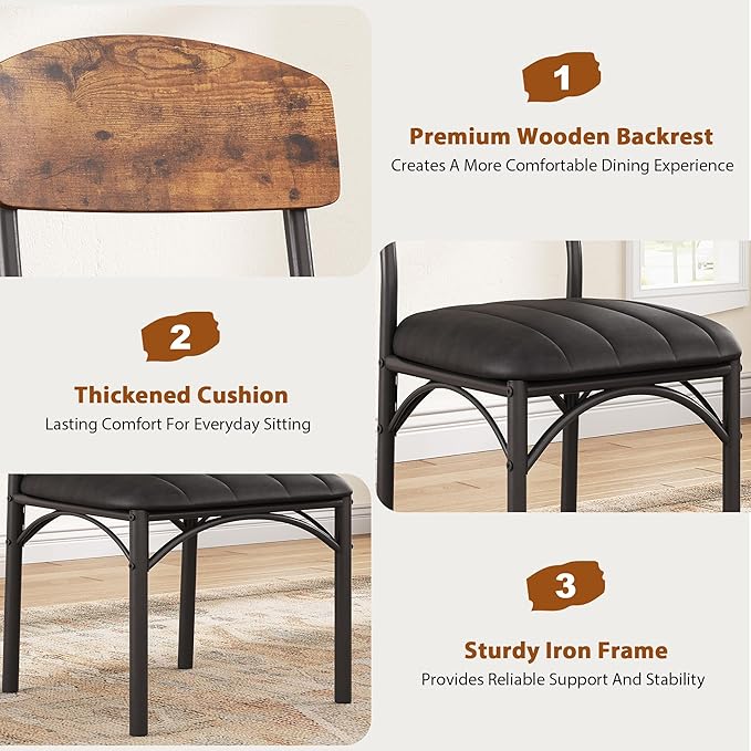 Dining Chairs Set of 4 - Upholstered Dining Room Chairs with PU Leather, Industrial Kitchen Chairs with Wooden Backrest and Thickened Metal Legs, for Dining Room, Living Room (Vintage)
