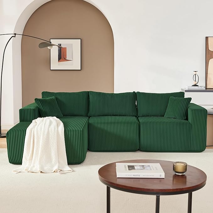 97" Modular Sectional Sofa, L-Shaped Boneless Couch with Deep Seat, Cozy Cloud Couch Sectional with Convertible Ottoman, Modern Sectional Couches for Living Room（ Green）