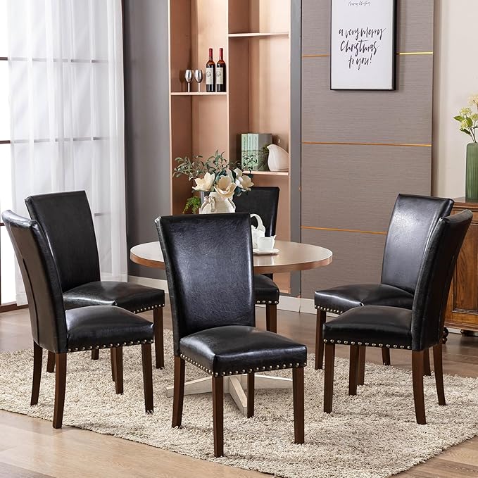 COLAMY Upholstered Parsons Dining Chairs Set of 4, PU Leather Dining Room Kitchen Side Chair with Nailhead Trim and Wood Legs - Black