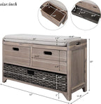 Merax Modern Wood Storage Bench with 2 Drawers and 1 Rattan Baskets for Living Room Bed Room Entryway Natural
