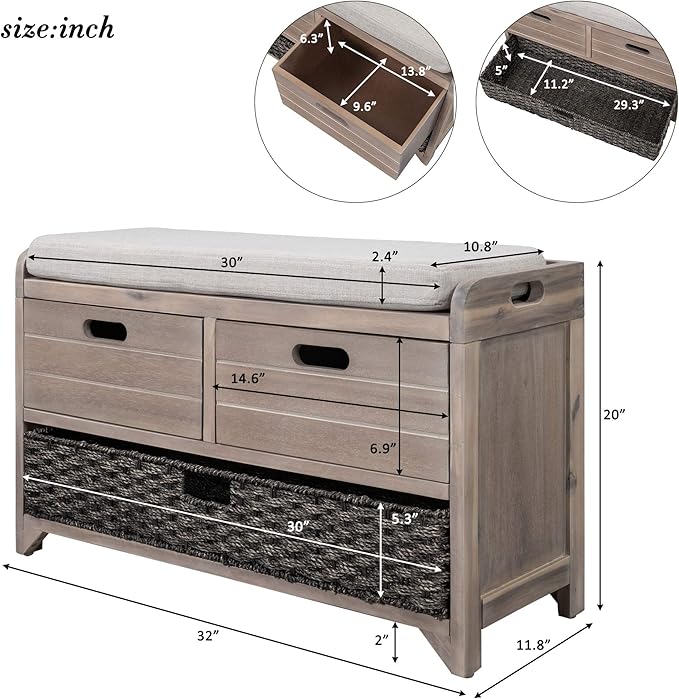 Merax Modern Wood Storage Bench with 2 Drawers and 1 Rattan Baskets for Living Room Bed Room Entryway Natural