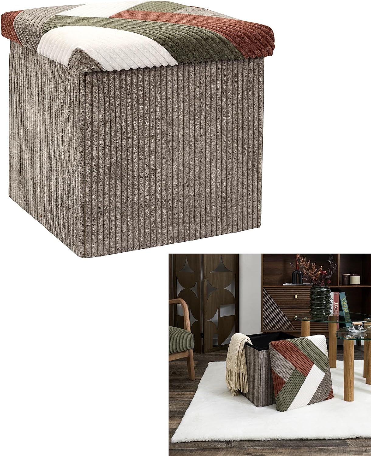 Home Deco Factory, HD0550 Multifunctional Ribbed Foldable Patchwork Pouf Chest Storage and Comfortable Seating Elegant Design Beige Grey Red Green 38 x 38 cm