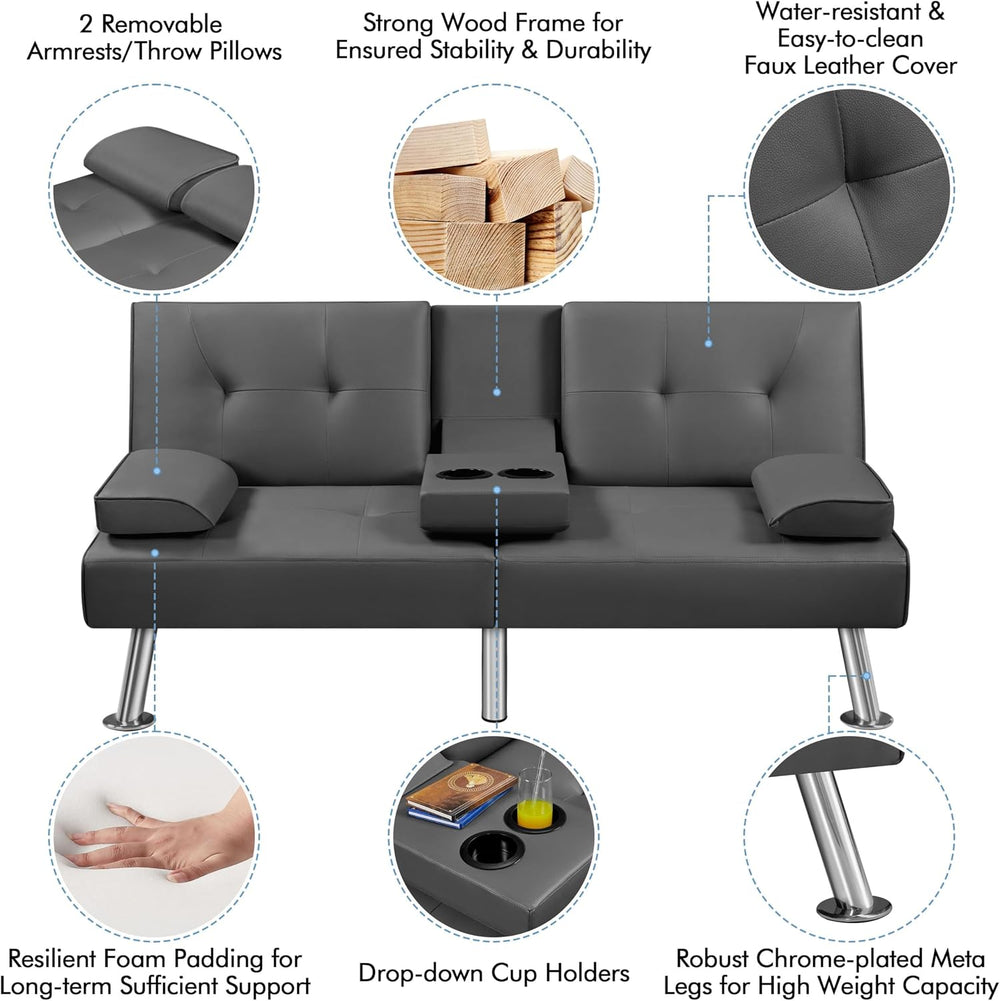 Yaheetech Convertible Futon Sofa Bed Loveseat with Cup Holder, Gray | 3 Angle...