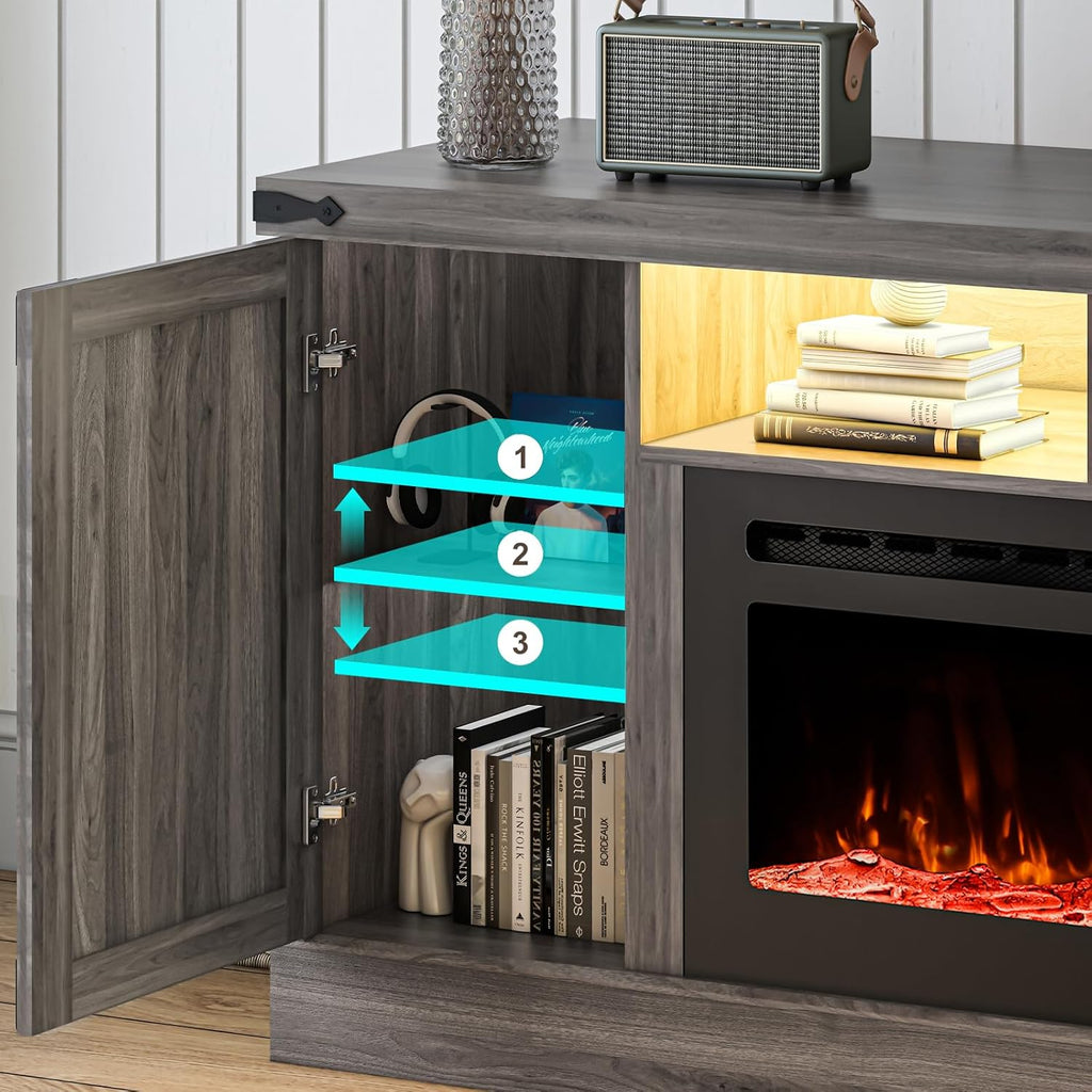 77 INCH Fireplace TV Stand for 85 Inch TVs, Farmhouse Entertainment Center with 50" Electric Fireplace and Power Outlets, LED Media Console Cabinet for Living Room, Grey