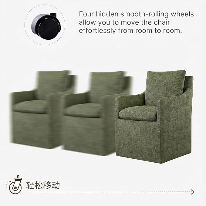 Upholstered Dining Chairs with Casters, No Assembly Modern Accent Armchair wi...