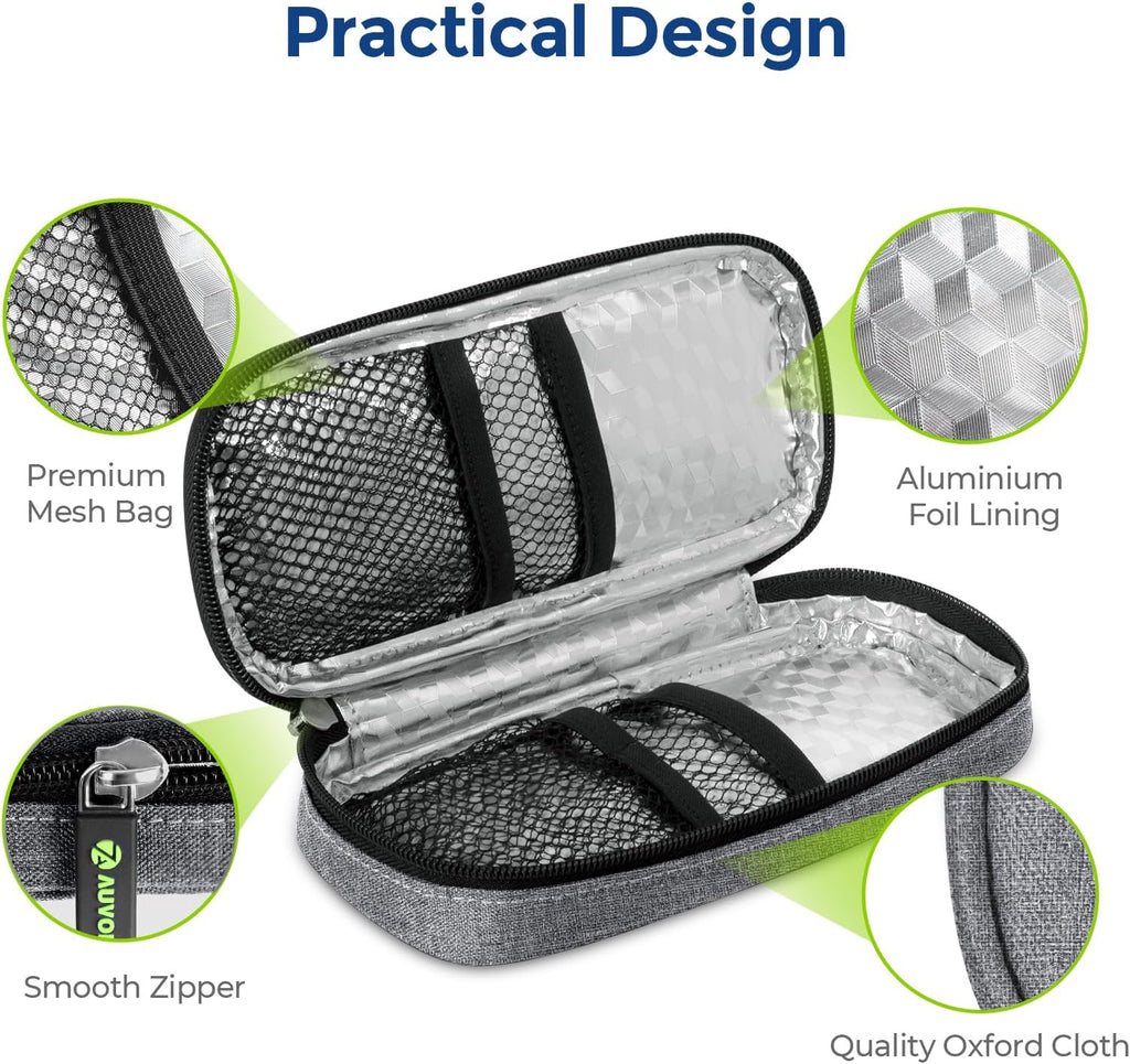 AUVON Insulin Pen Cooler Travel Case with 2 * 90g TSA Approved Ice Packs, Diabetic Medication Insulated Cooling Bag for Insulin Pens and Diabetic Supplies Storage, Compact for Daily Life and Trips