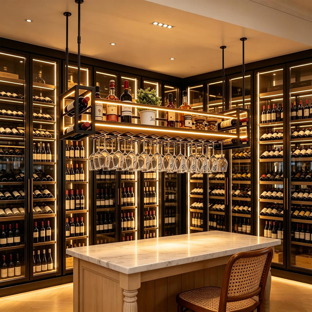 Industrial Ceiling Wine Rack with Glass Holder & Shelf – Height Adjustabl...