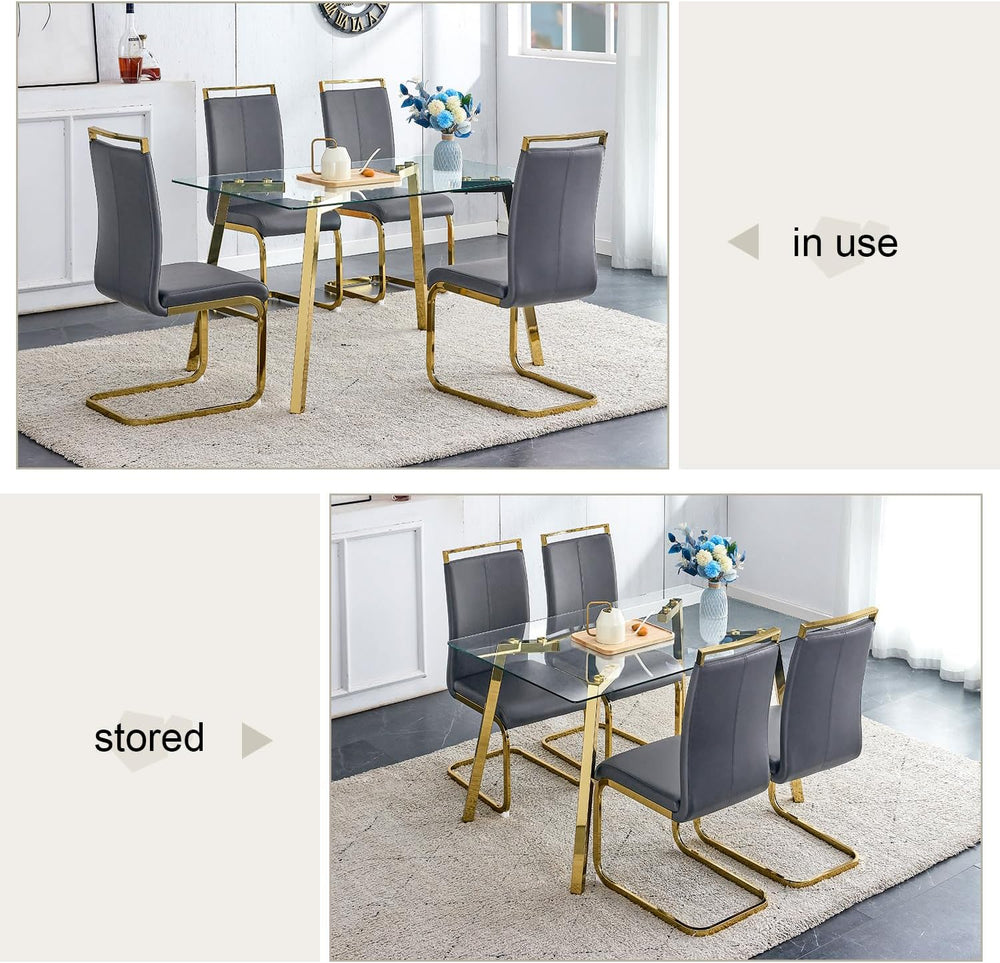51" Glass Dining Table Set 4 with Gold Metal Leg
