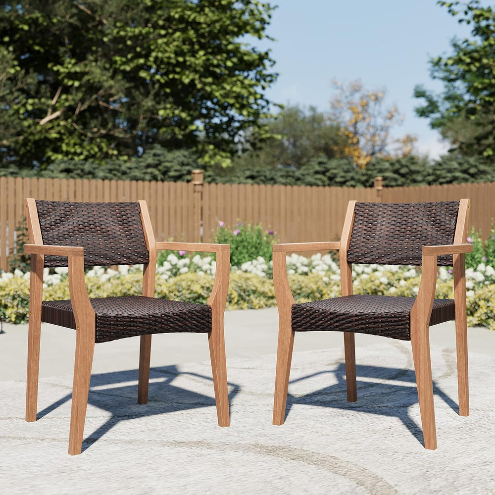 PHI VILLA Patio Acacia Wood Dining Chairs w/Wicker Seat & Back, 2 PCS