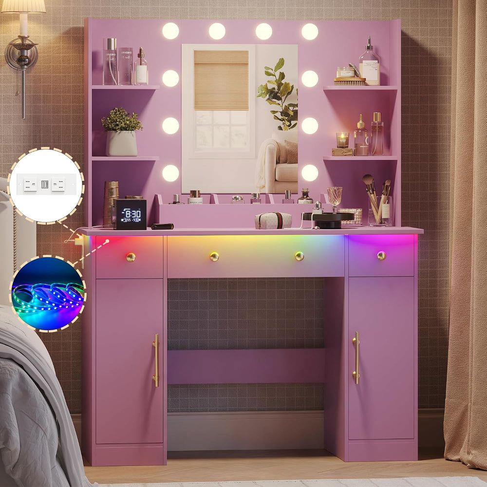 Wodeer Makeup Vanity Desk with Mirror and Lights, 43" Purple Vanity Set ...