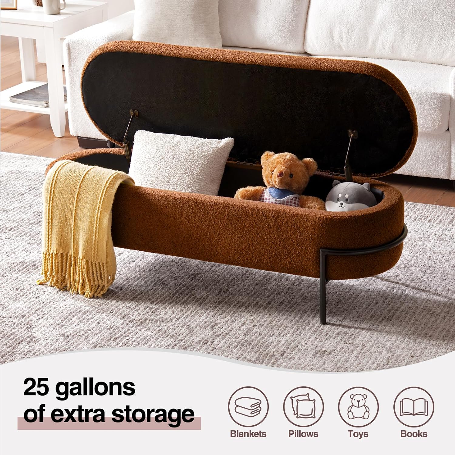 FiveWillowise 45 Inch Sherpa Storage Ottoman Bench,End of Bed Bench | Upholstered Boucle Storage Bench with Storage,Metal Stand and Hinges,Oval Ottomans for Living Room,Bedroom,Brown