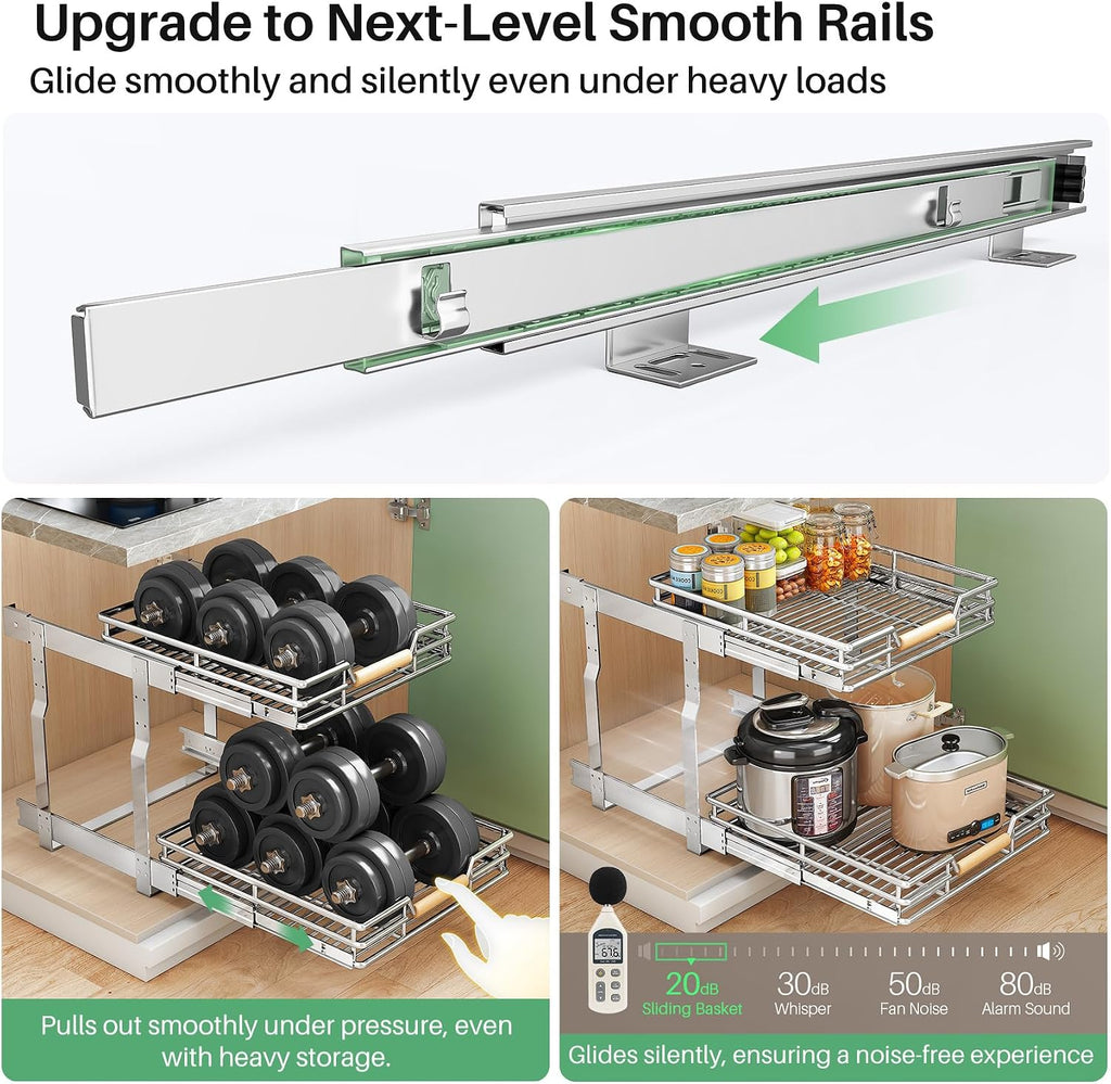 Pull out Cabinet Organizer, 2 Tiers 15"W X 21"D, Heavy Duty Smooth Sliding Under Cabinet Shelves for Pots and Pans, Full-Extension Roll out Drawers, Slide out Organization for Home Kitchen Pantry